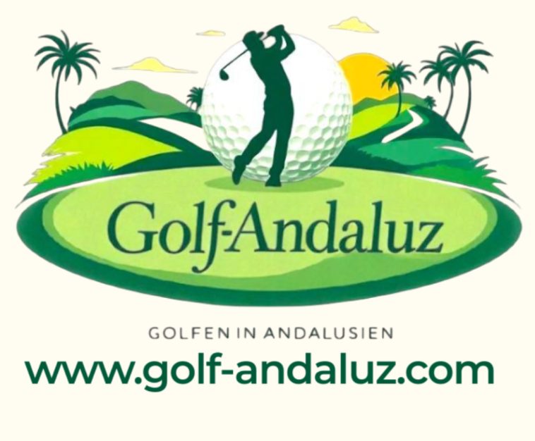 Logo Golf Andaluz: grüner Golfplatz mit grüner Landschaft, grüner Golfspieler vor einem weißen Golfball