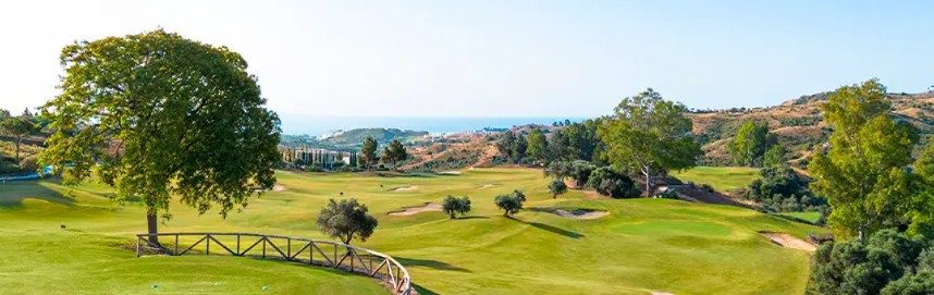Panorama einer Golfanlage mit einer paar Bäumen daneben und dazwischen, im Hintergrund hügelige Landschaft und Meer